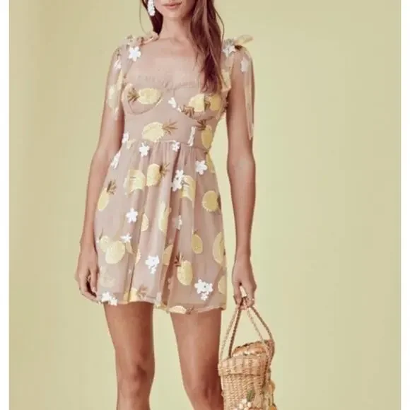 For Love & Lemons Nude Fruit Sequin Yellow Mini Dress - Picture 5 of 6